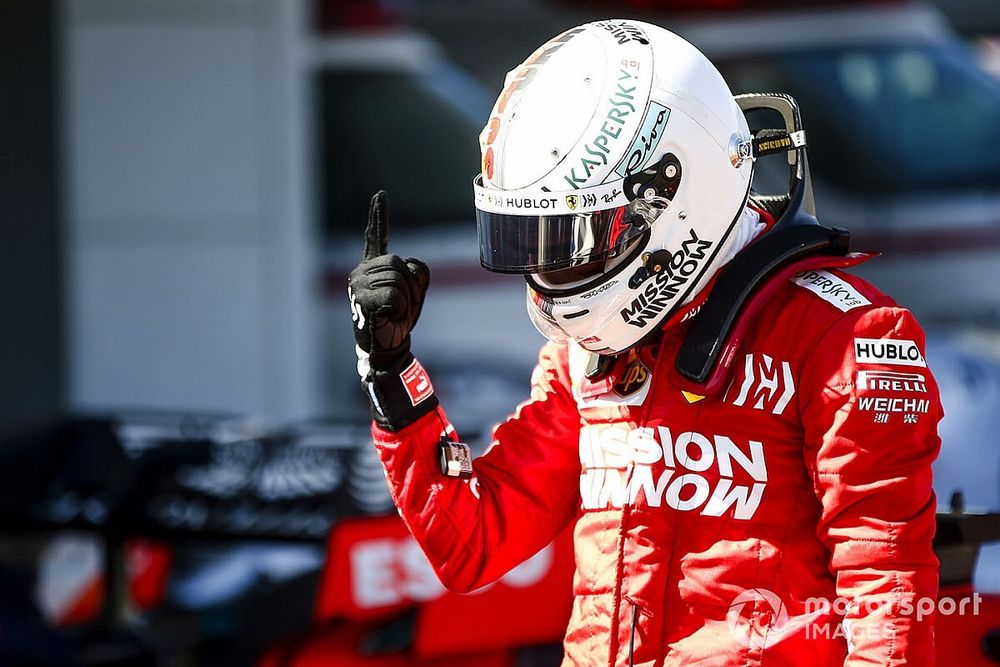 Pole man Sebastian Vettel, Ferrari, celebrates in Parc Ferme