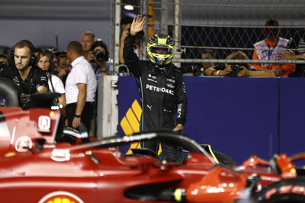 Lewis Hamilton, Mercedes AMG, waves from Parc Ferme after Qualifying