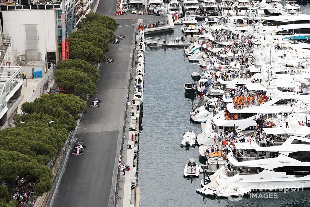 Lance Stroll, Racing Point RP19, leads Sergio Perez, Racing Point RP19