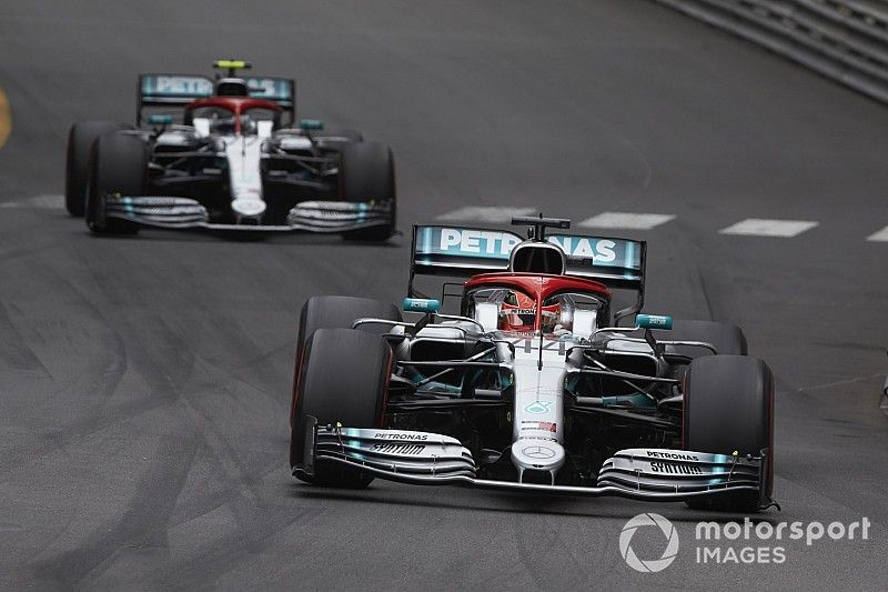 Lewis Hamilton, Mercedes AMG F1 W10, leads Valtteri Bottas, Mercedes AMG W10