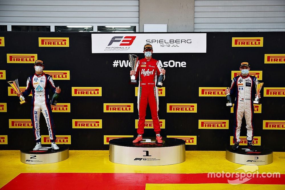 Podium: Race winner Frederik Vesti, Prema Racing, second place Lirim Zendeli, Trident, third place David Beckmann, Trident