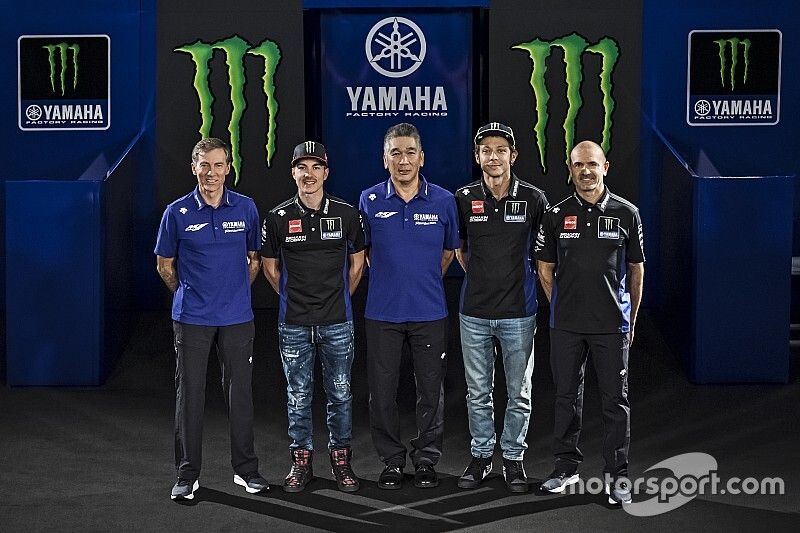 Valentino Rossi, Yamaha Factory Racing, Maverick Vinales, Yamaha Factory Racing, Maio Meregalli, Yamaha Factory Racing team manager, Lin Jarvis, Yamaha Factory Racing Managing Director, Kouichi Tsuji, President of Yamaha Motor Racing
