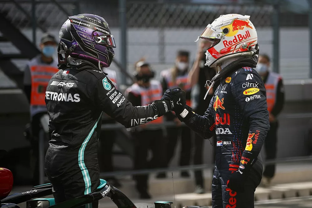 Max Verstappen, Red Bull Racing, 2nd position, congratulates Lewis Hamilton, Mercedes, 1st position, in Parc Ferme