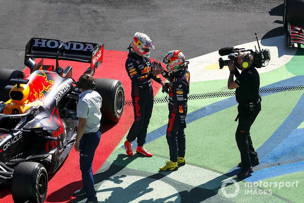 Max Verstappen, Red Bull Racing, 1st position, and Sergio Perez, Red Bull Racing, 3rd position, congratulate each other in Parc Ferme