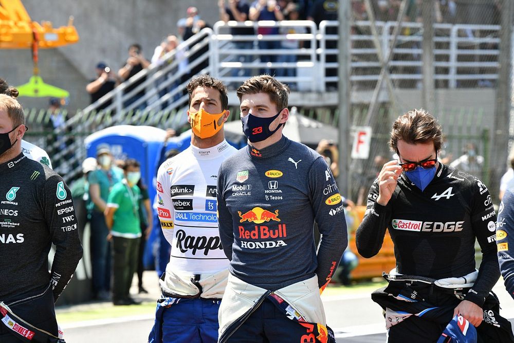 Daniel Ricciardo, McLaren, Max Verstappen, Red Bull Racing, and Fernando Alonso, Alpine F1, on the grid