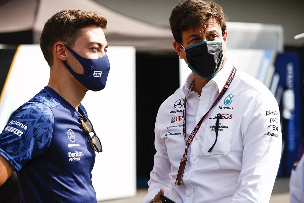 George Russell, Williams and Toto Wolff, Team Principal and CEO, Mercedes AMG 