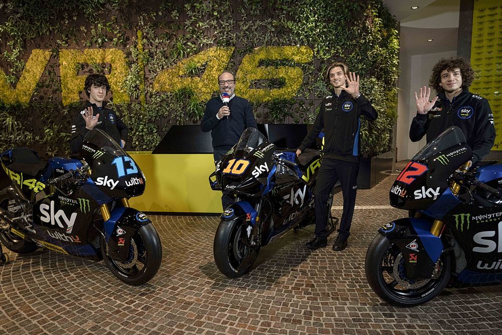 Luca Marini, Marco Bezzecchi and Celestino Vietti Ramus at Sky Racing Team VR46 MotoGP and Moto2 livery unveil