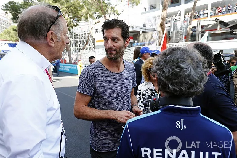 Mark Webber met Alain Prost op de grid
