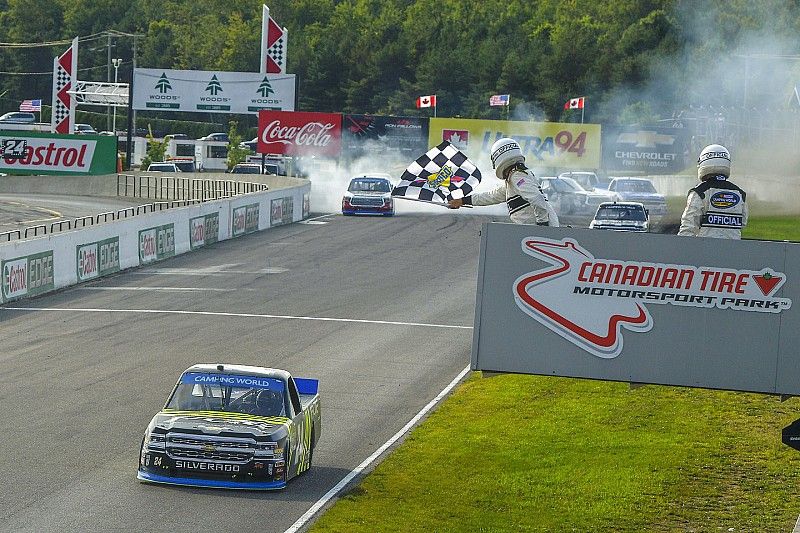 Justin Haley, GMS Racing, Chevrolet Silverado Fraternal Order Of Eagles takes the checkered flag