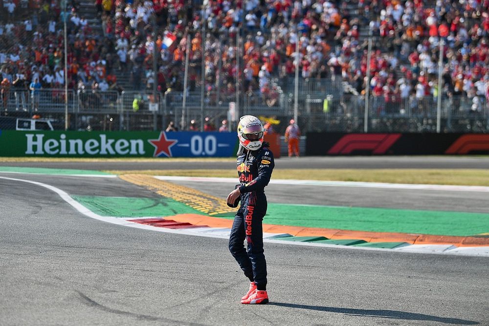 Max Verstappen, Red Bull Racing, walks away from his damaged car