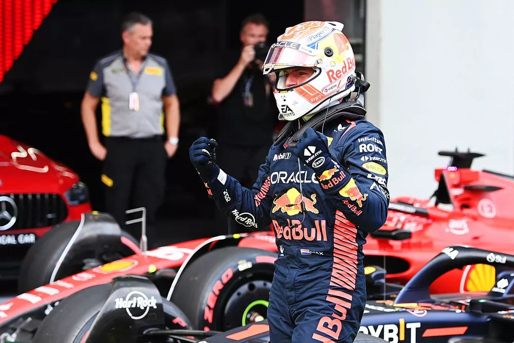Pole man Max Verstappen, Red Bull Racing, celebrates on arrival in Parc Ferme