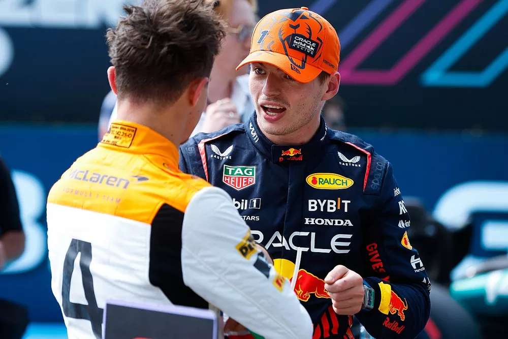 Lando Norris, McLaren, pole man Max Verstappen, Red Bull Racing, talk after qualifying