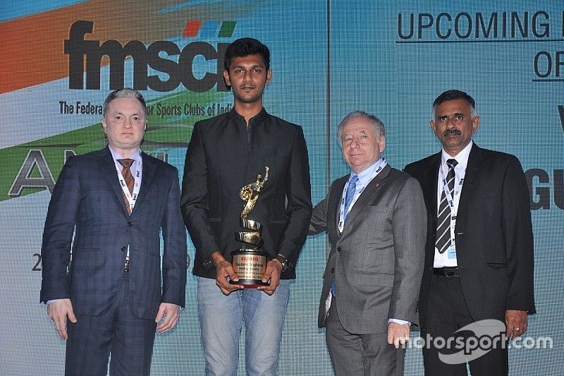 Mr. Gautam Singhania (CMD Raymond Group), Raghul Rangasamy winner of the FMSCI Upcoming Motorsports Person of the Year Award, Mr. Jean Todt (president FIA), Mr. J. Prithiviraj President of FMSCI