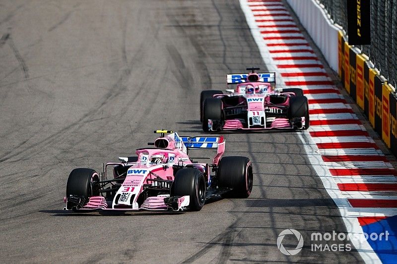 Esteban Ocon, Racing Point Force India VJM11, leads Sergio Perez, Racing Point Force India VJM11