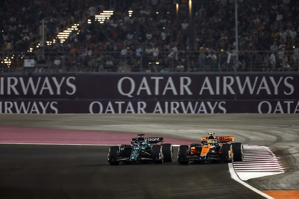 Lance Stroll, Aston Martin AMR23, lucha con Lando Norris, McLaren MCL60