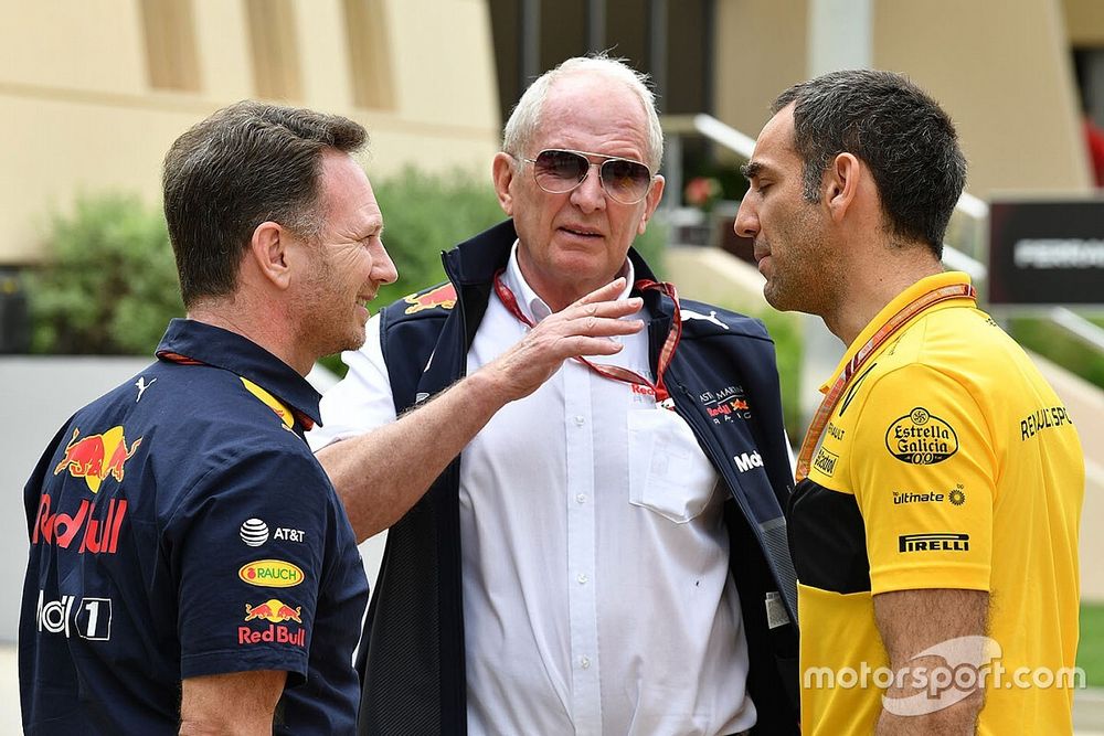 Cyril Abiteboul, Renault Sport F1 teambaas, Christian Horner, Red Bull Racing teambaas en Dr Helmut Marko, Red Bull Motorsport Consultant