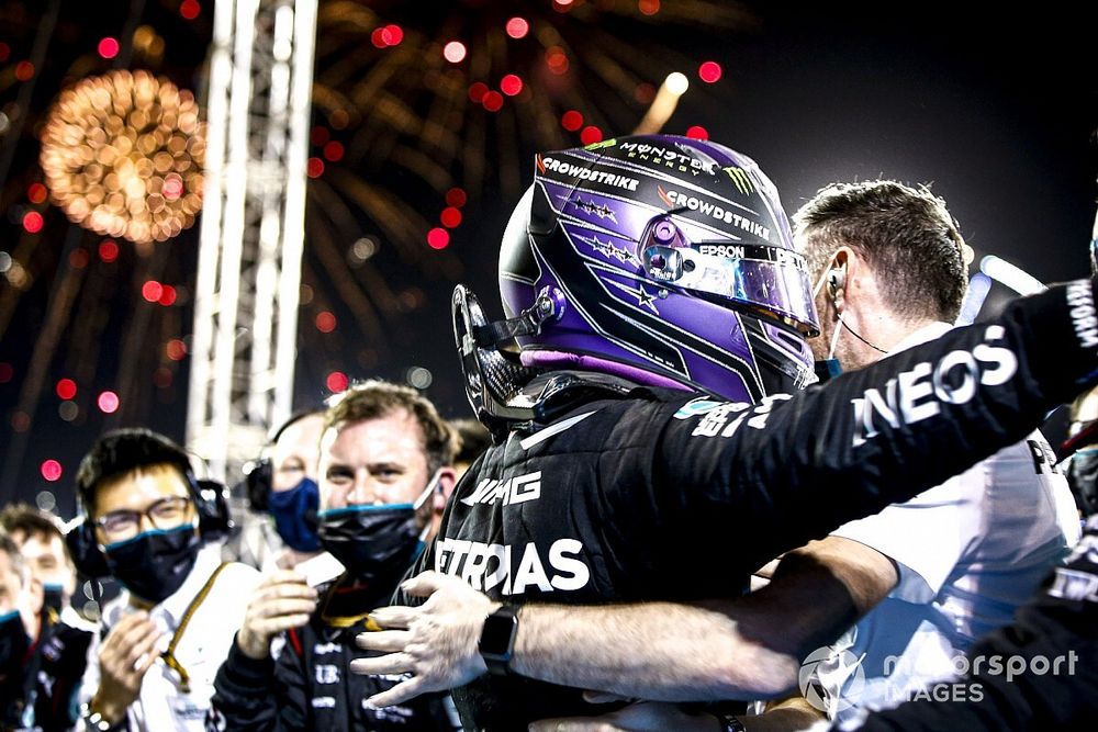 Lewis Hamilton, Mercedes, 1st position, celebrates with his team in Parc Ferme