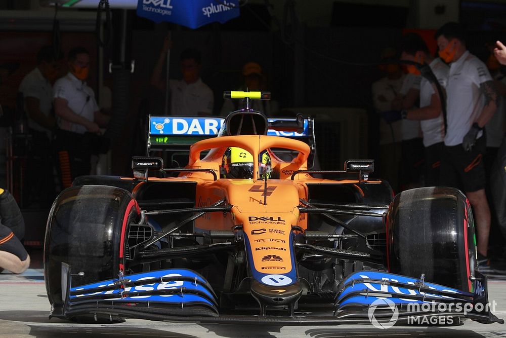 Lando Norris, McLaren MCL35M, leaves the garage