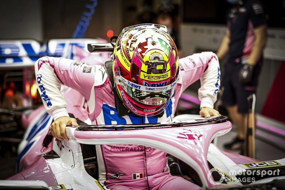 Sergio Perez, Racing Point, in his special edition helmet