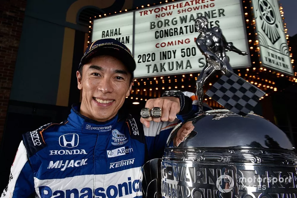 Takuma Sato with the Borg-Warner Trophy at Tryon Theatre