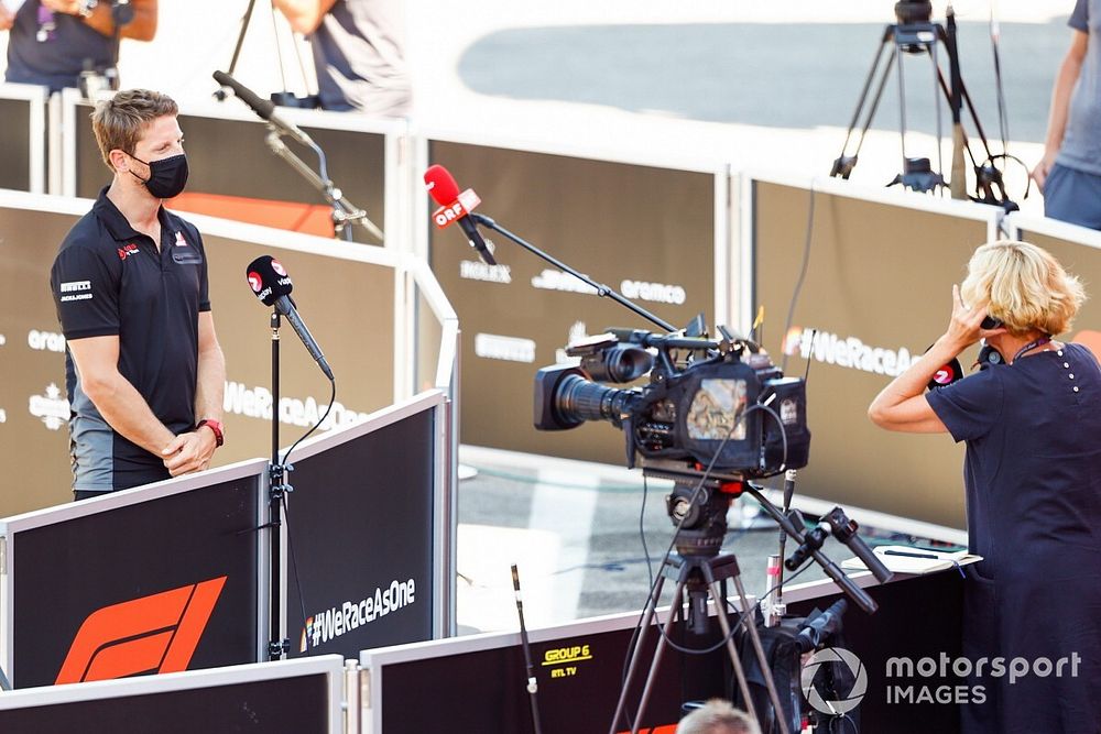 Romain Grosjean, Haas F1, talks to the press 