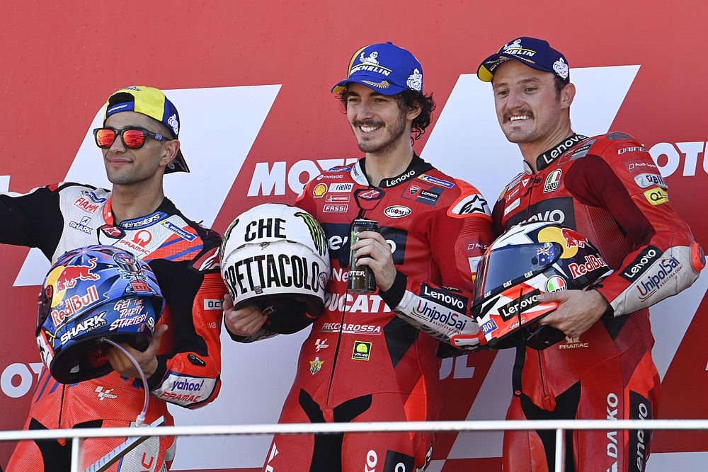 Francesco Bagnaia, Ducati Team, Jorge Martin, Pramac Racing, Jack Miller, Ducati Team podium