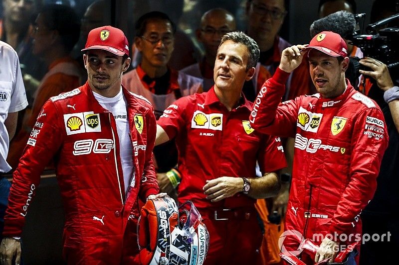 Race winner Sebastian Vettel, Ferrari and Charles Leclerc, Ferrari in Parc Ferme 