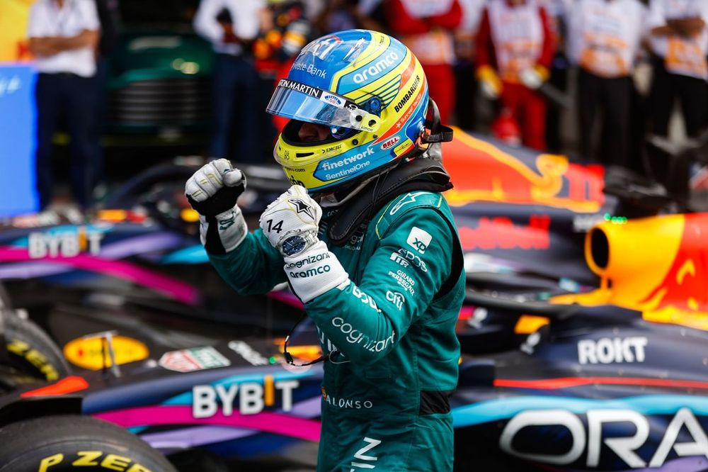 Fernando Alonso, Aston Martin F1 Team, 3rd position, celebrates on arrival in Parc Ferme
