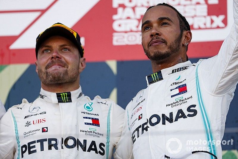 Lewis Hamilton, Mercedes AMG F1 and Race winner Valtteri Bottas, Mercedes AMG F1 celebrate on the podium