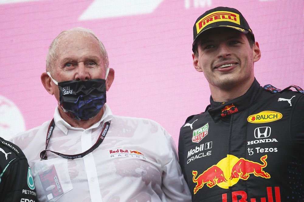 Helmut Marko, Consultant, Red Bull Racing, en Max Verstappen, Red Bull Racing