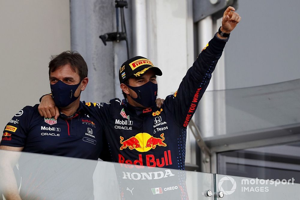 Sergio Perez, Red Bull Racing, 2nd position, arrives on the podium