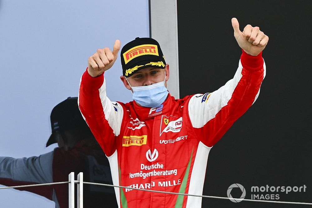 Mick Schumacher, Prema Racing celebrates on the podium