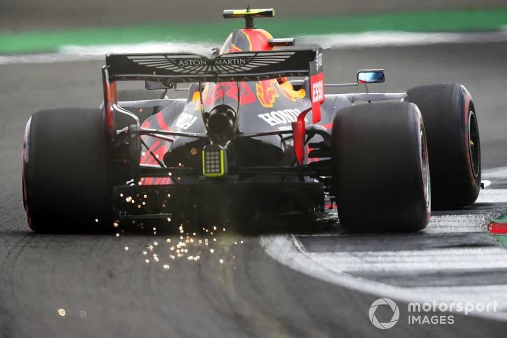 Sparks fly from Alex Albon, Red Bull Racing RB16