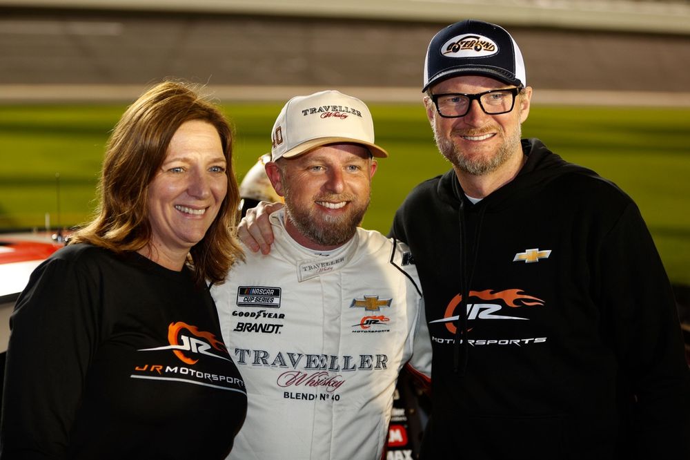 Kelley Earnhardt Miller (left) with Justin Allgaier (center) and Dale Earnhardt Jr. (right)