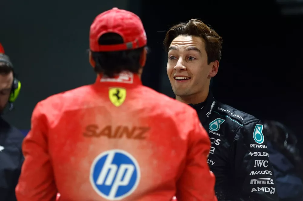 Pole man George Russell, Mercedes-AMG F1 Team, Carlos Sainz, Scuderia Ferrari