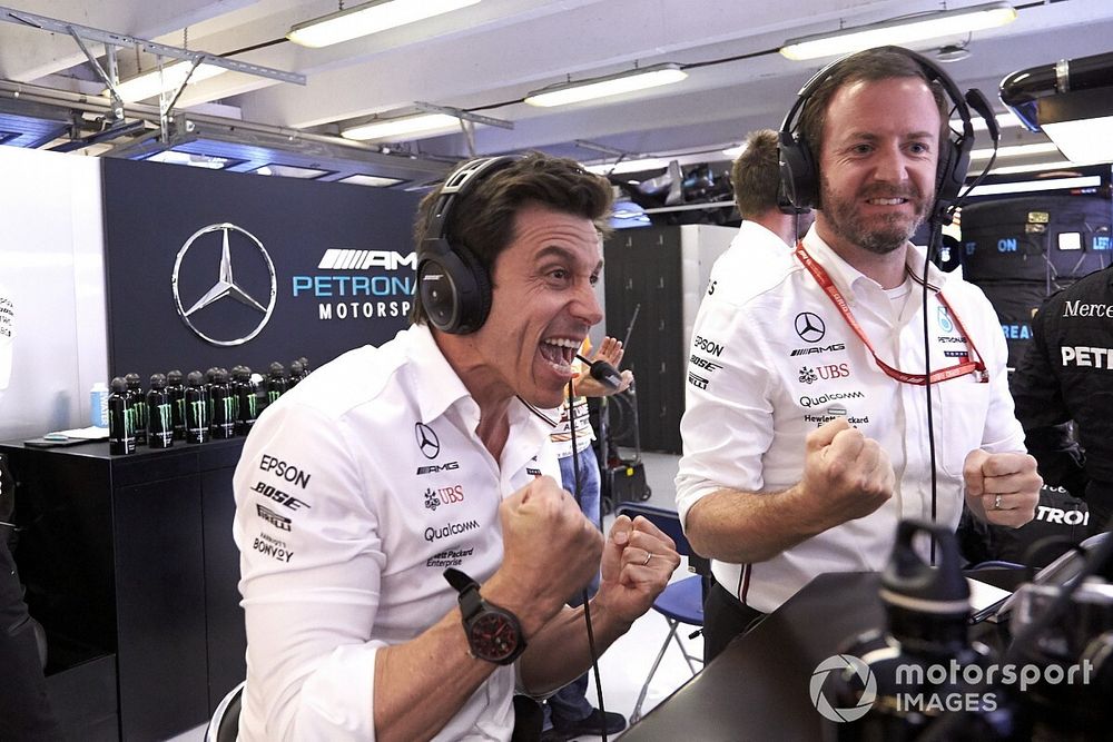 Toto Wolff, Executive Director (Business), Mercedes AMG, celebrates victory