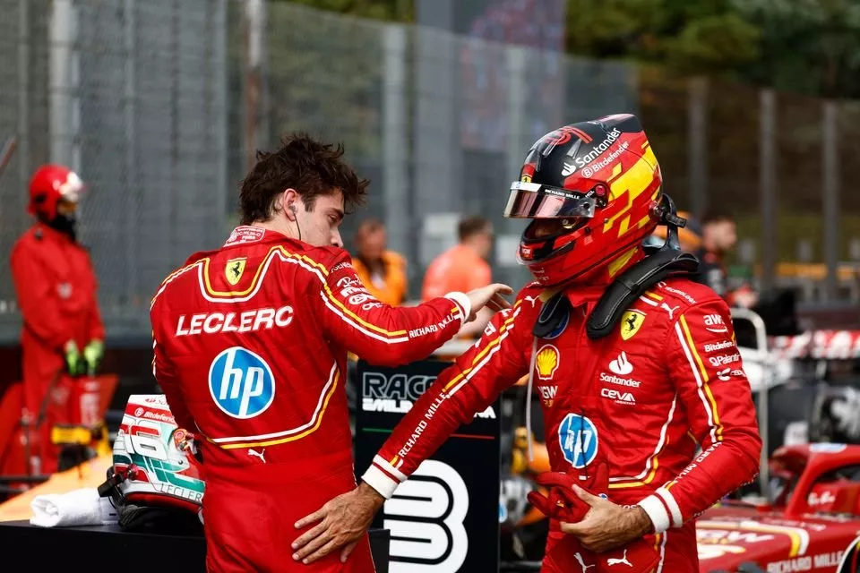 Charles Leclerc, Scuderia Ferrari, 3rd position, Carlos Sainz, Scuderia Ferrari, in Parc Ferme