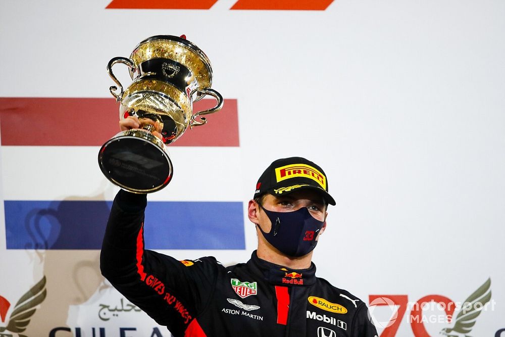 Max Verstappen, Red Bull Racing, 2nd position, with his trophy