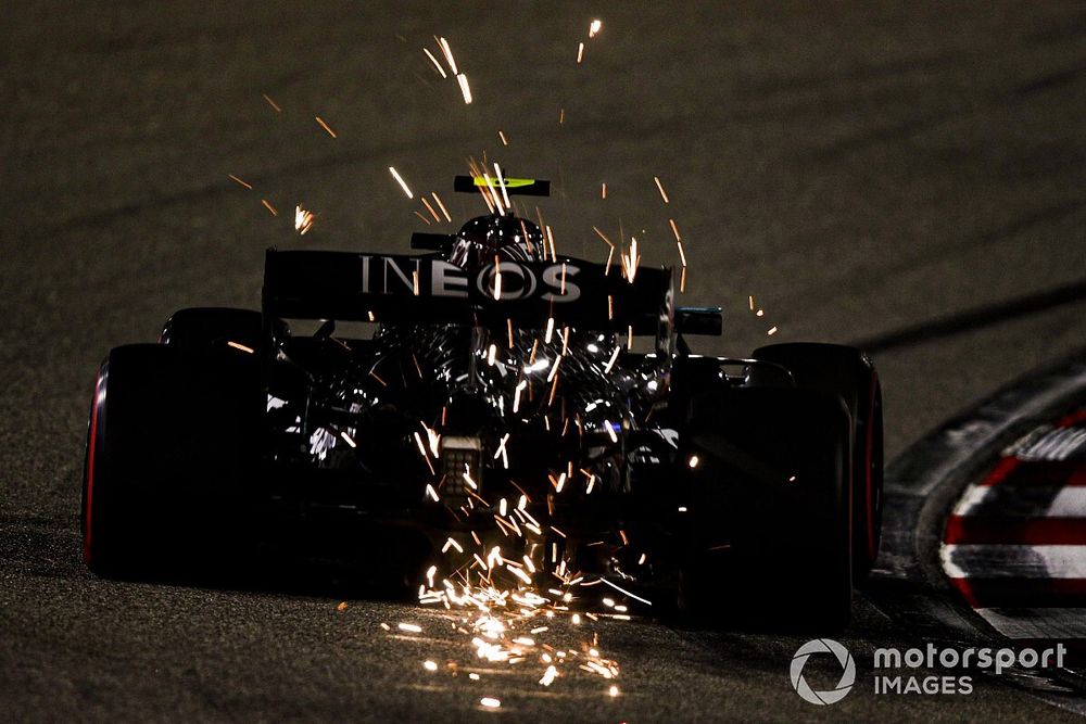 Sparks fly from Valtteri Bottas, Mercedes F1 W11