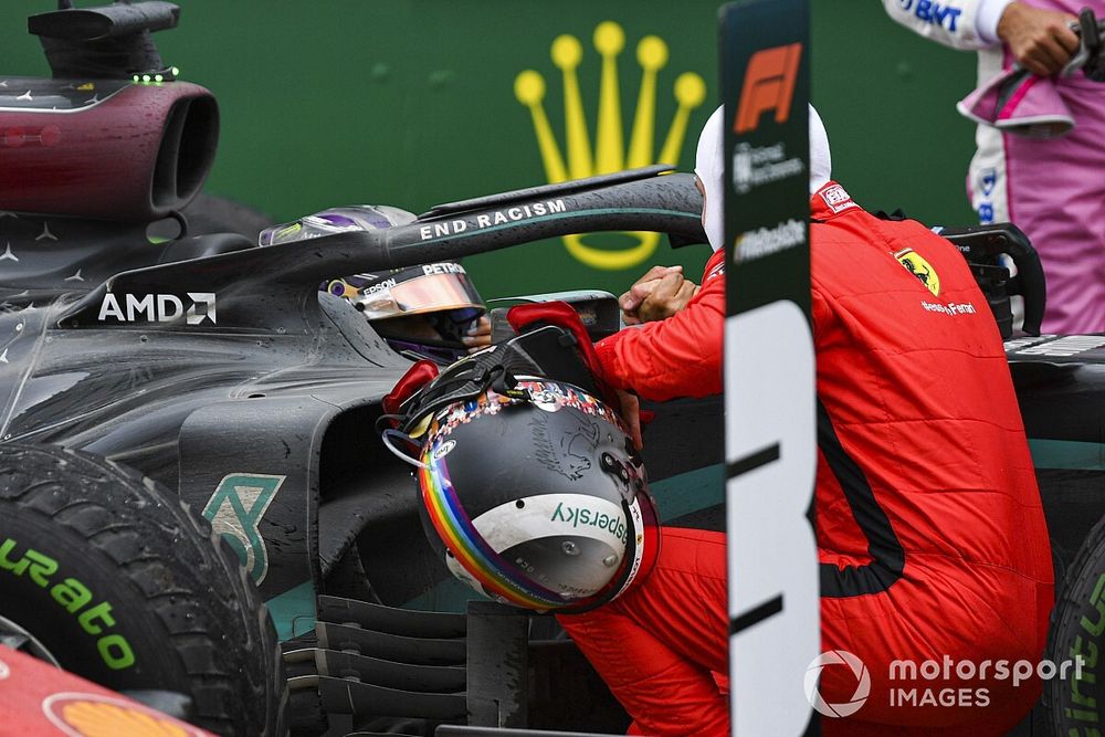 Sebastian Vettel, Ferrari, 3rd position, congratulates Lewis Hamilton, Mercedes-AMG F1, 1st position, in Parc Ferme