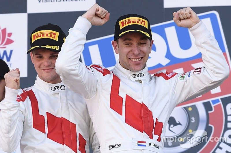 Podium: race winners Robin Frijns, Stuart Leonard, Dries Vanthoor, Audi Sport Team WRT