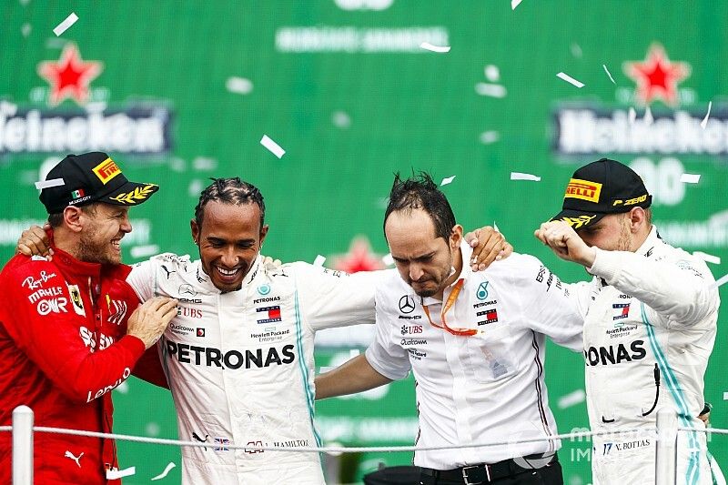 Sebastian Vettel, Ferrari, Race winner Lewis Hamilton, Mercedes AMG F1 and Valtteri Bottas, Mercedes AMG F1 celebrate on the podium 