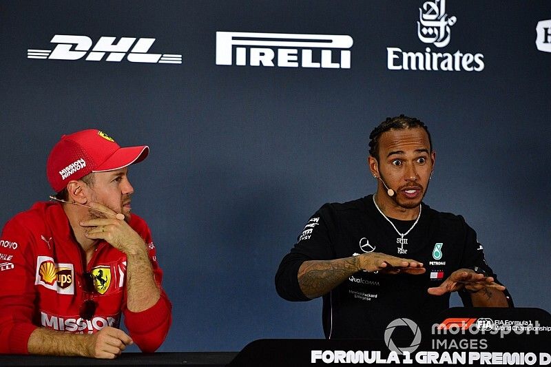 Sebastian Vettel, Ferrari, 2nd position, and Lewis Hamilton, Mercedes AMG F1, 1st position, in the Press Conference