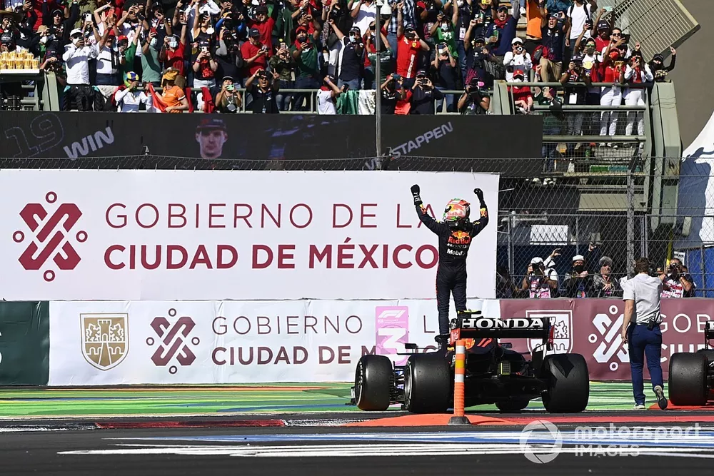Sergio Perez, Red Bull Racing, 3rd position, celebrates in Parc Ferme
