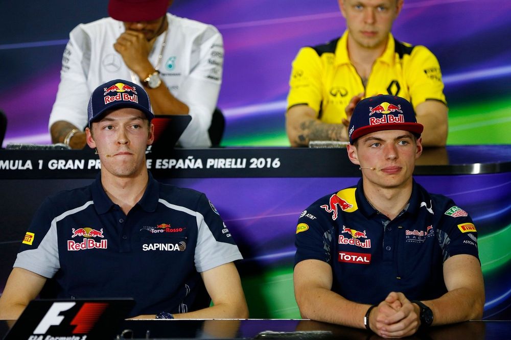 Daniil Kvyat, Toro Rosso, and Max Verstappen, Red Bull in the press conference