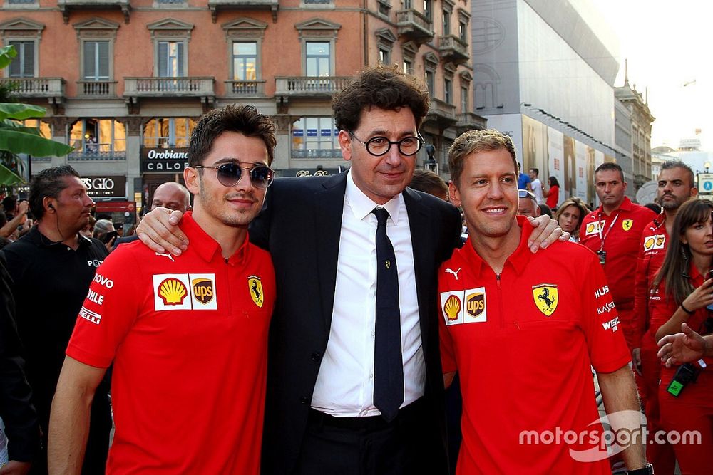 Charles Leclerc, Ferrari, Sebastian Vettel, Ferrari, Mattia Binotto, Team Principal Ferrari