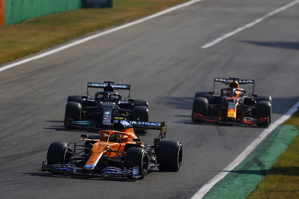 Lando Norris, McLaren MCL35M, Lewis Hamilton, Mercedes W12, and Max Verstappen, Red Bull Racing RB16B