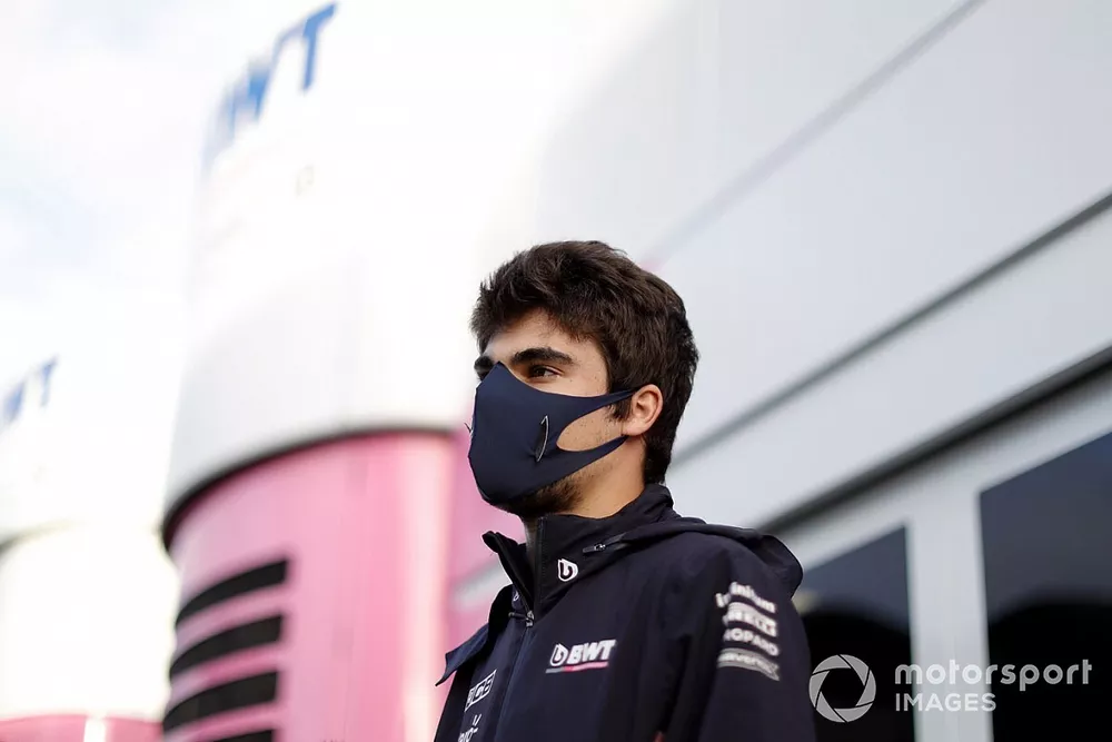 Lance Stroll, Racing Point speaks to the media.