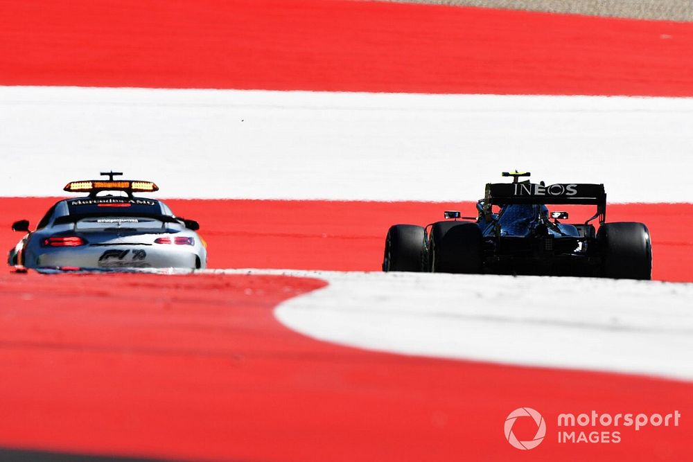 Valtteri Bottas, Mercedes F1 W11 EQ Performance, follows the Safety Car