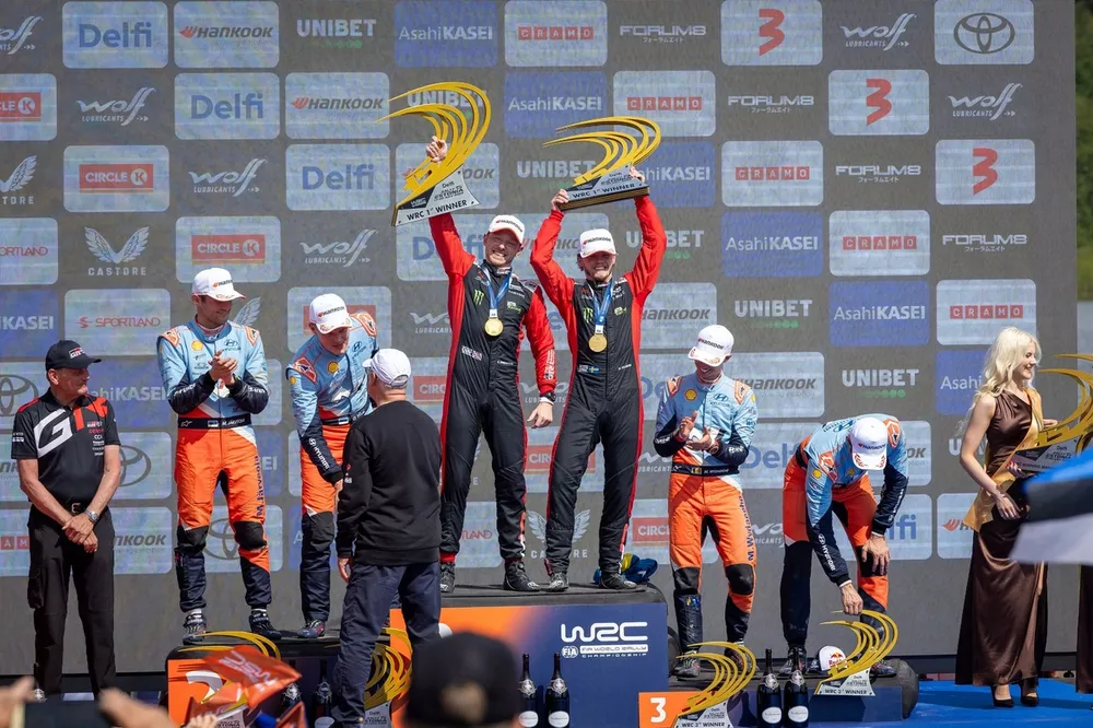 Podium: Winners Oliver Solberg, Elliott Edmondson, Toyota Gazoo Racing WRT Toyota GR Yaris Rally1, second place Ott T&auml;nak, Martin J&auml;rveoja, Hyundai World Rally Team Hyundai i20 N Rally1, third place Thierry Neuville, Martijn Wydaeghe, Hyundai World Rally Team Hyundai i20 N Rally1